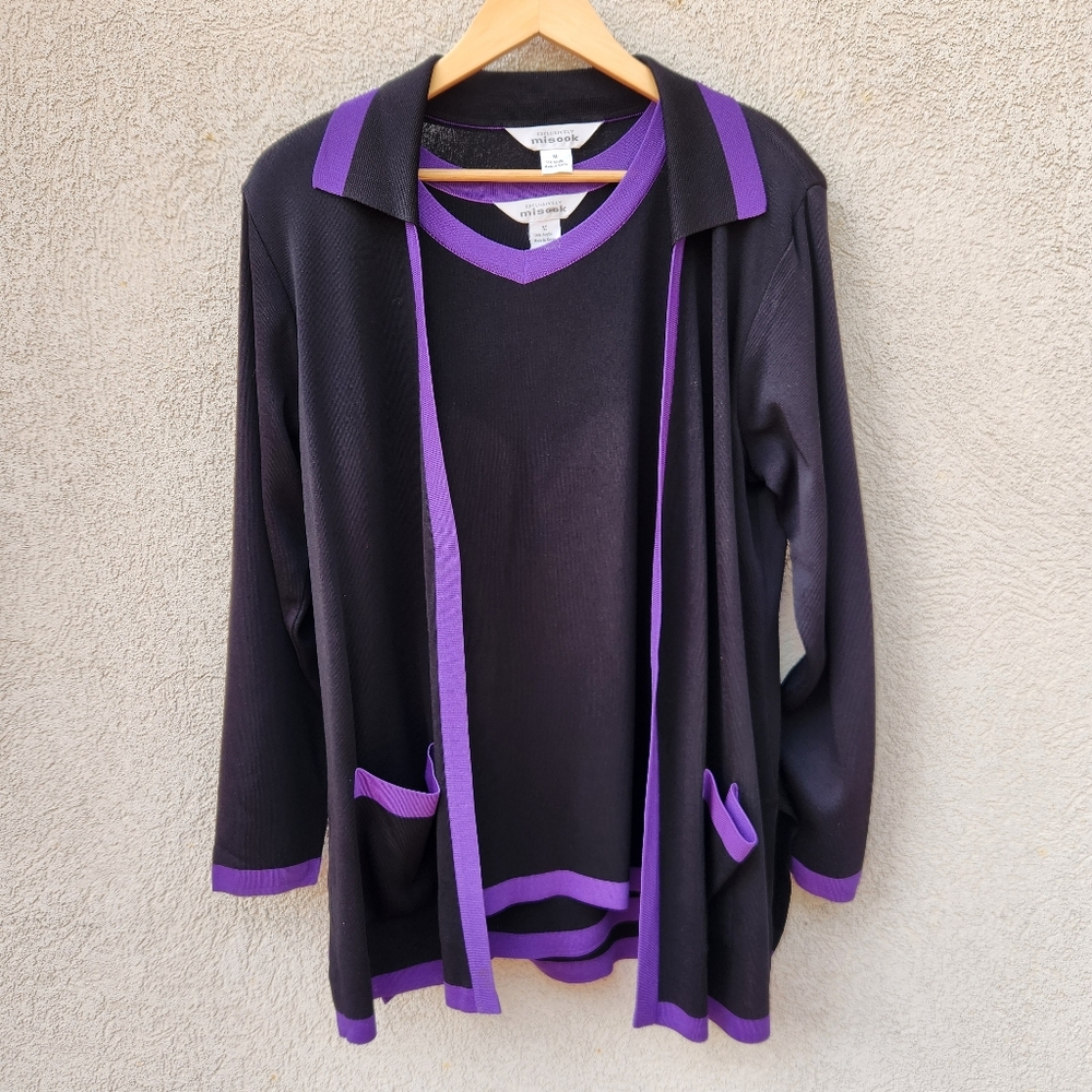 Misook Black and Purple Two-Piece Sweater Cardigan Set